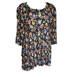 Woman Within Tunic Top Womens Size 24W Black Multicolor Floral Sheer Pullover